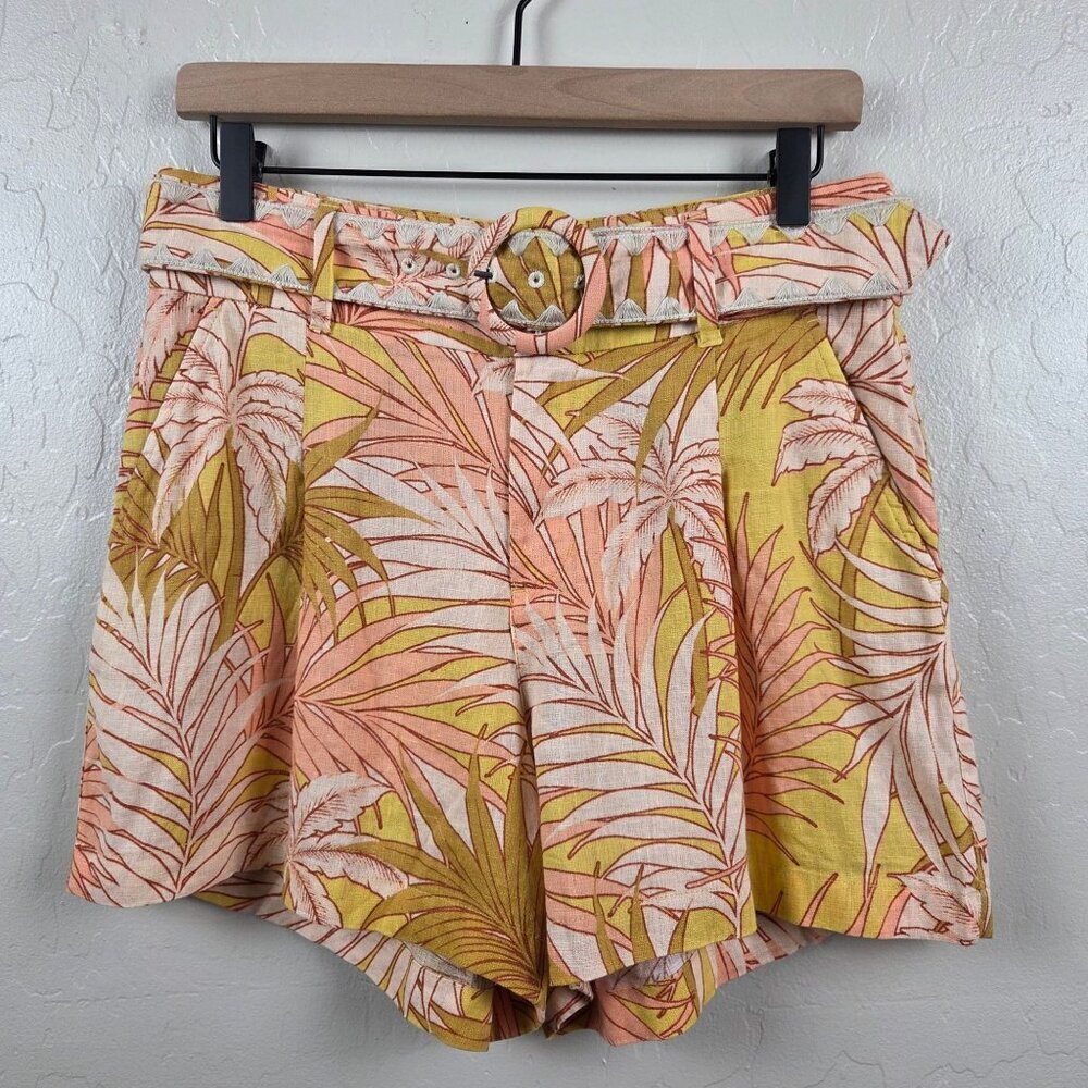Tahari 100% Linen Tropical Belted High-Rise Shorts Yellow/Peach Size 8 Vacation